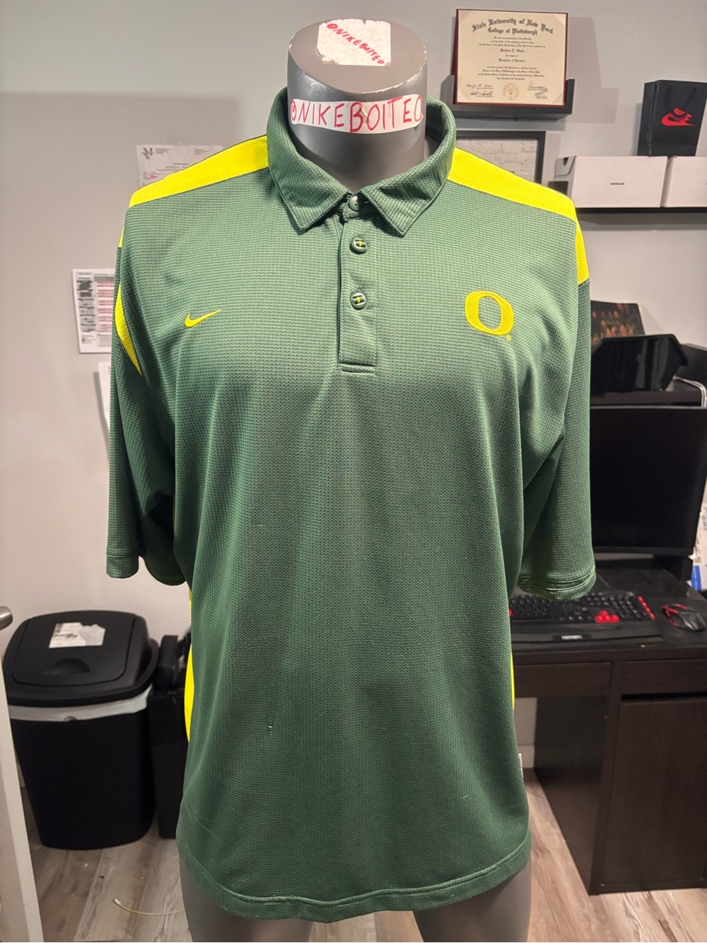 Nike Men's Green Polo with Yellow Accents - Oregon O Logo
